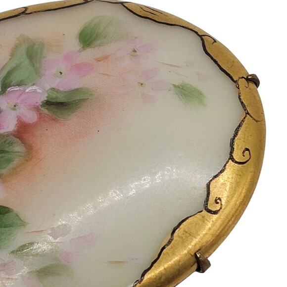 Antique Hand-Painted Porcelain Floral Brooch Victorian C-Clasp Pink Romantic Pin - Picture 10 of 13